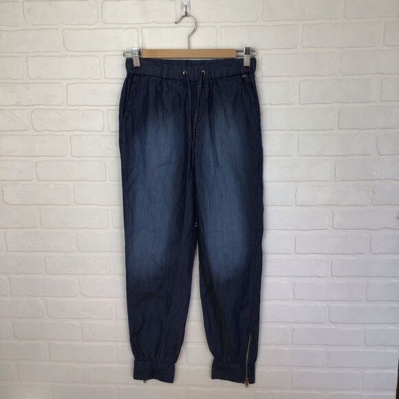 GUESS track pants lightweight blue denim pleated bottom zippers casual jeans XS - Picture 11 of 11